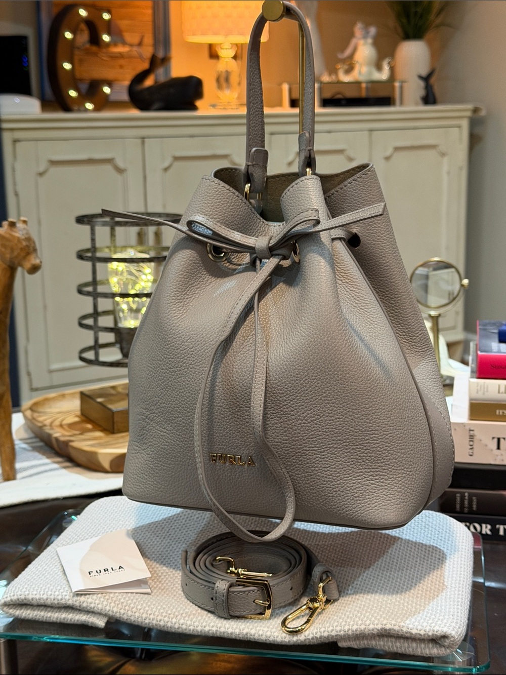 FURLA Costanza Pebble Leather Bolo Drawstring Bucket Bag in Gray, EUC Like New